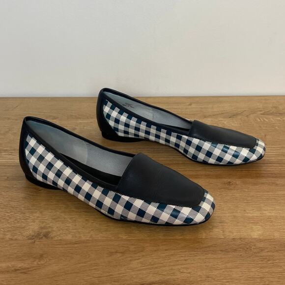 Donald Pliner Blue Gingham Plaid Square Toe Leather Loafers Sz 7.5 Slip On Prep - Picture 3 of 7